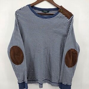 Lauren Ralph Lauren Striped Long Sleeve Top Suede Elbow Patches Zipper‎ Detail